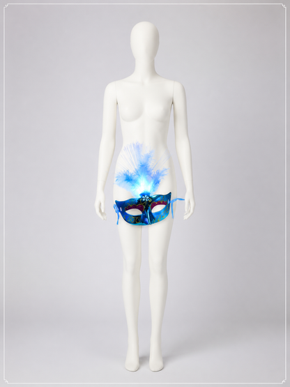Blue Carnival Mask with Feathers and LED Lighting back view