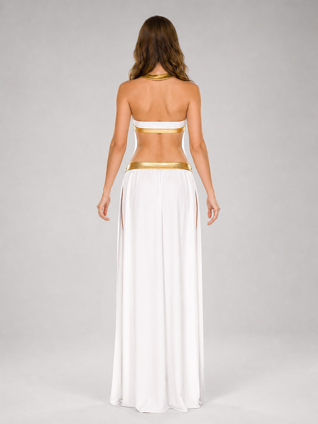 White Cleopatra Costume with Gold Decor for Cosplay back view