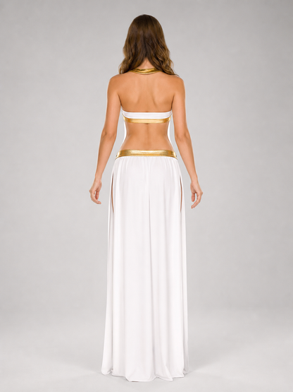 White Cleopatra Costume with Gold Decor for Cosplay back view
