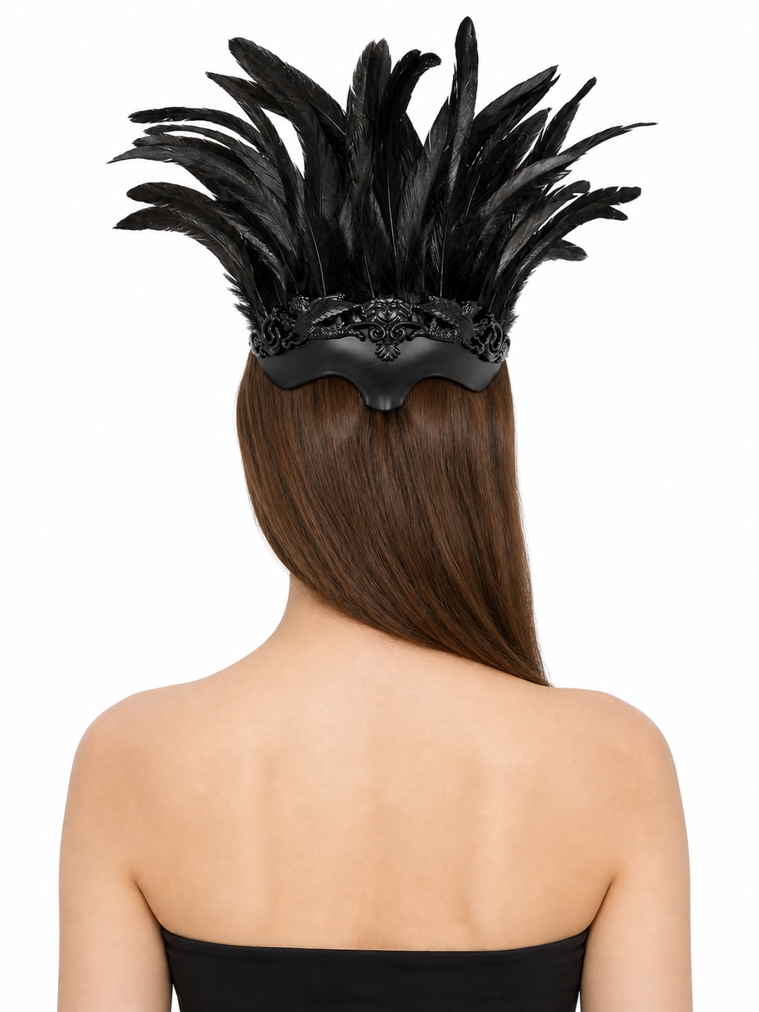 Baroque-Style Carnival Mask with Black Feathers back view