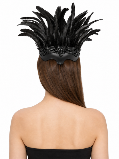 Baroque-Style Carnival Mask with Black Feathers back view