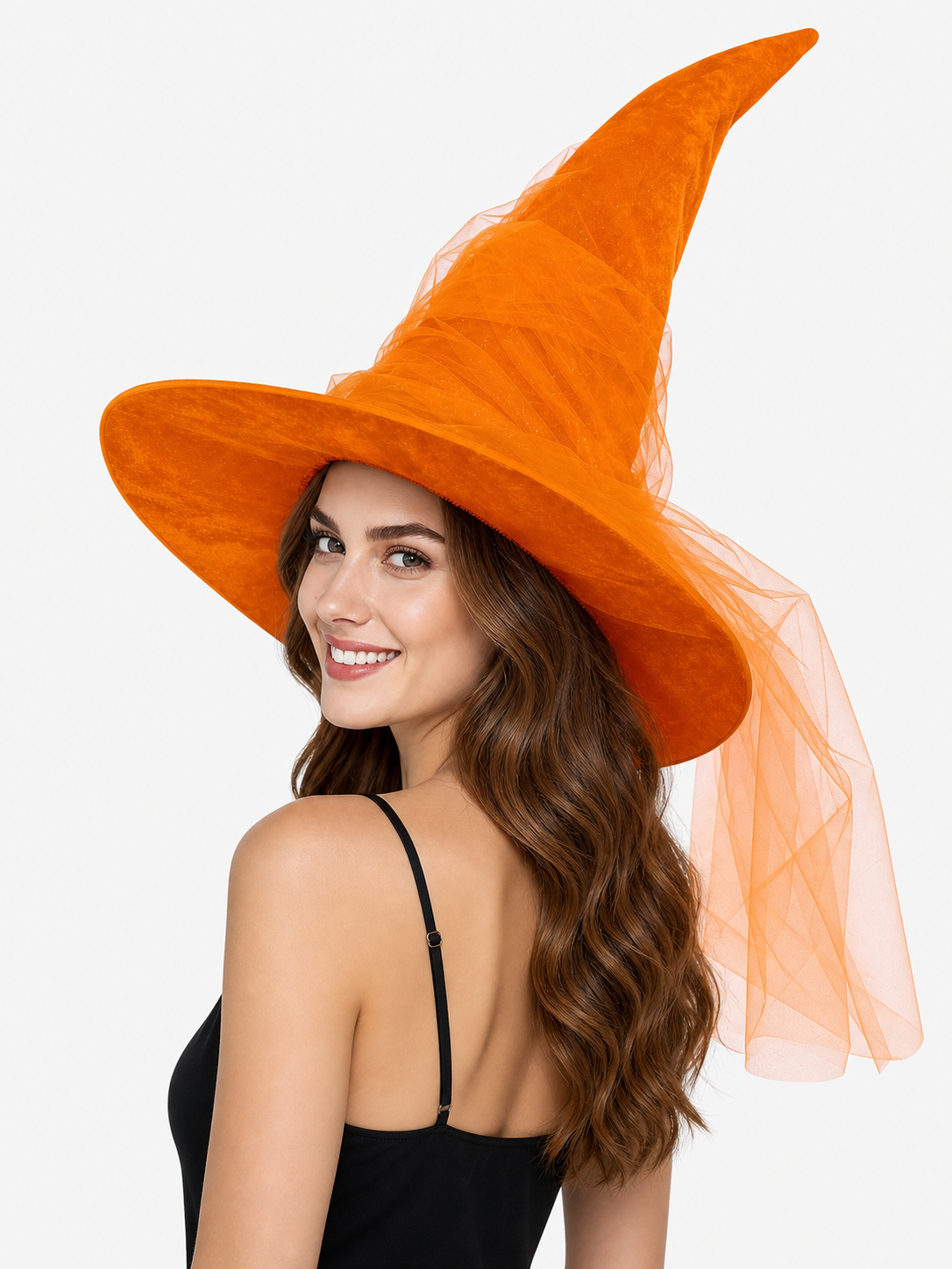 Orange Halloween Witch Hat with Very Tall Curved Pointed Crown, Wide Wavy Brim and Attached Sheer Veil for Costume Parties