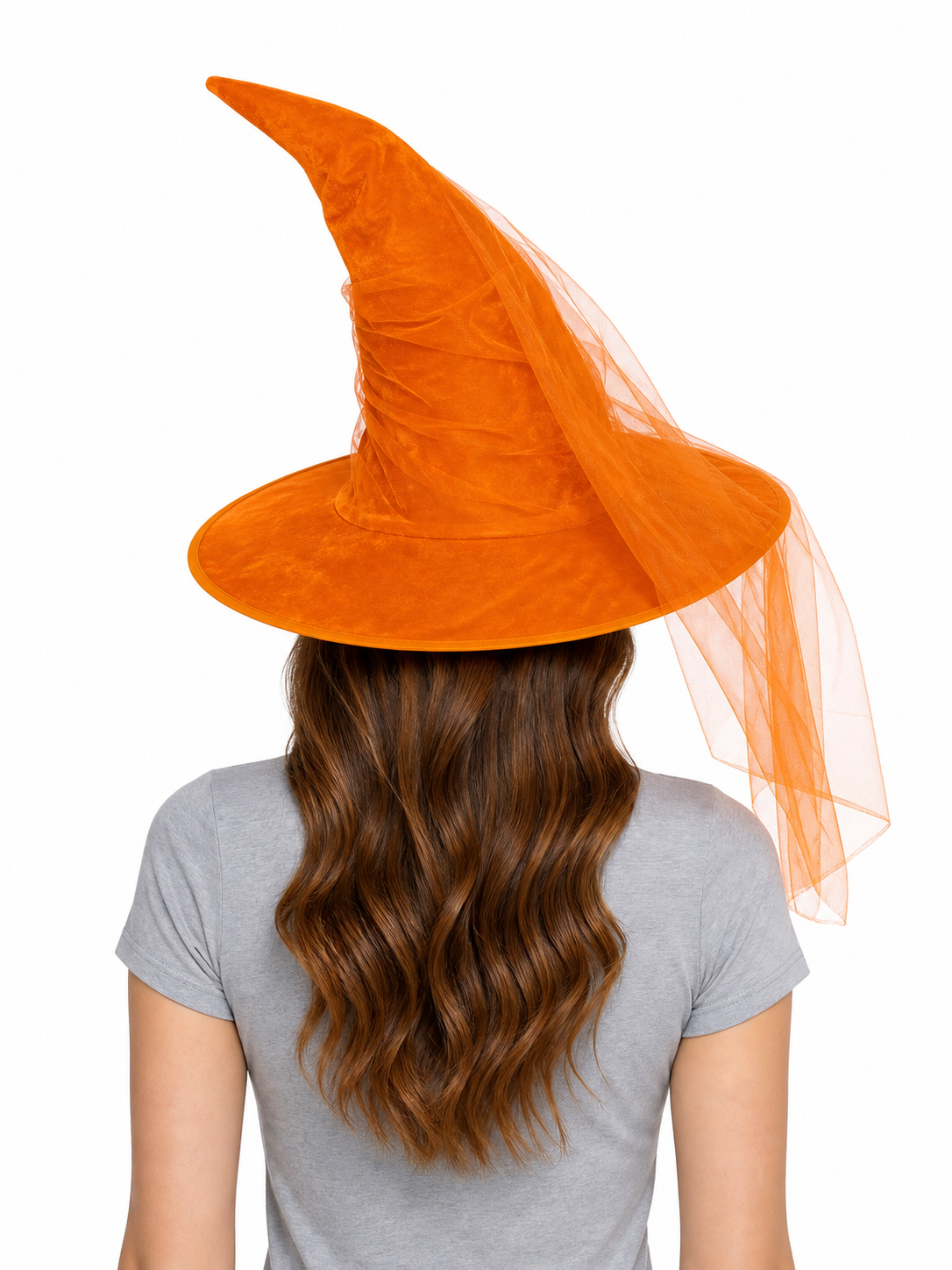 Orange Halloween Witch Hat with Very Tall Curved Pointed Crown, Wide Wavy Brim and Attached Sheer Veil for Costume Parties