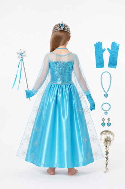 Elsa Costume with Dress, Crown, and Accessories back view