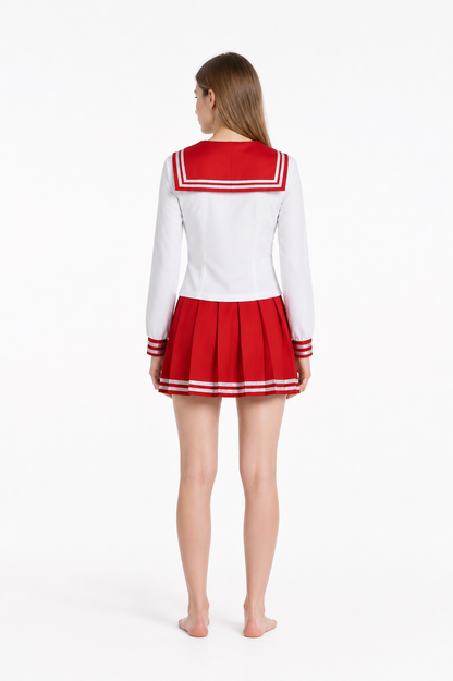 White and Red Sailor Cosplay Costume with Bow and Skirt back view