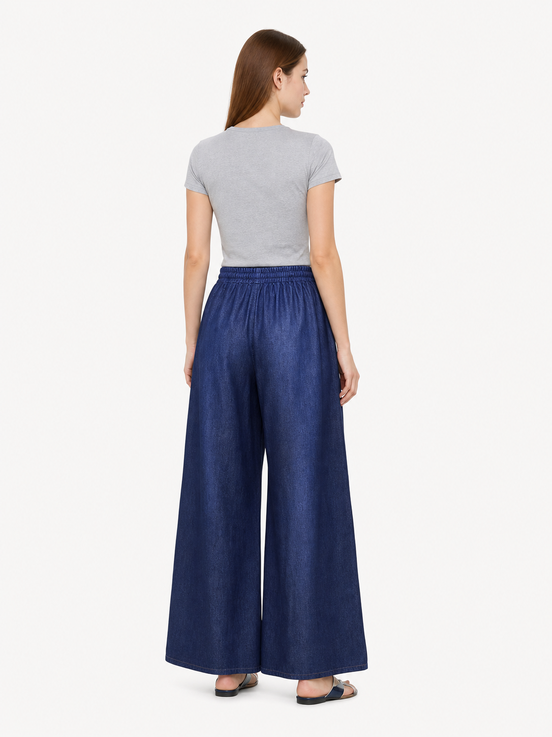 Dark Blue Palazzo Pants with an Elastic Waistband and White Drawstring back view 3