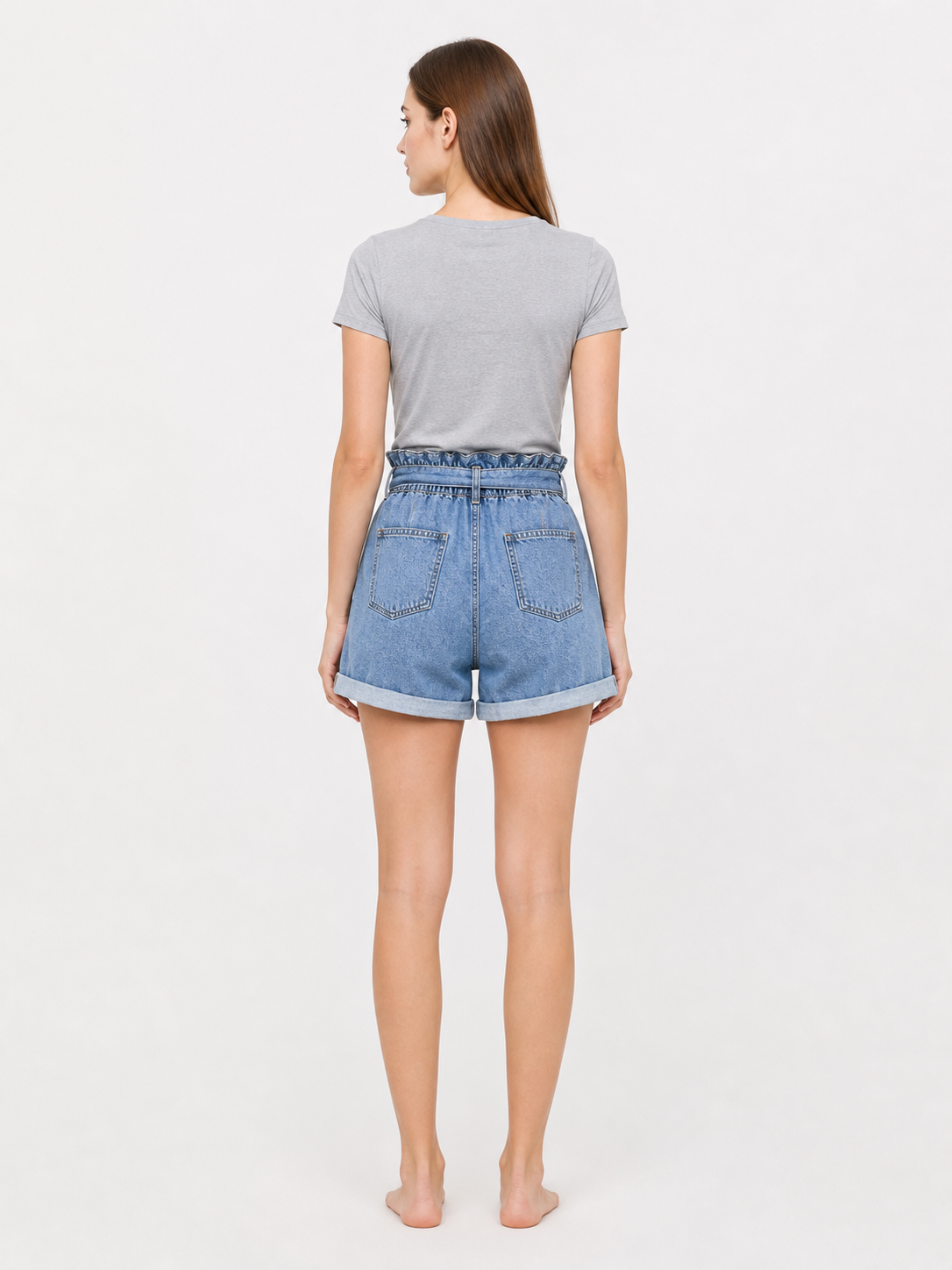 Blue Relaxed-Fit High-Rise Denim Shorts with Tie Waist back view