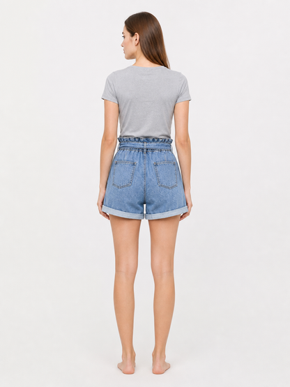 Blue Relaxed-Fit High-Rise Denim Shorts with Tie Waist back view
