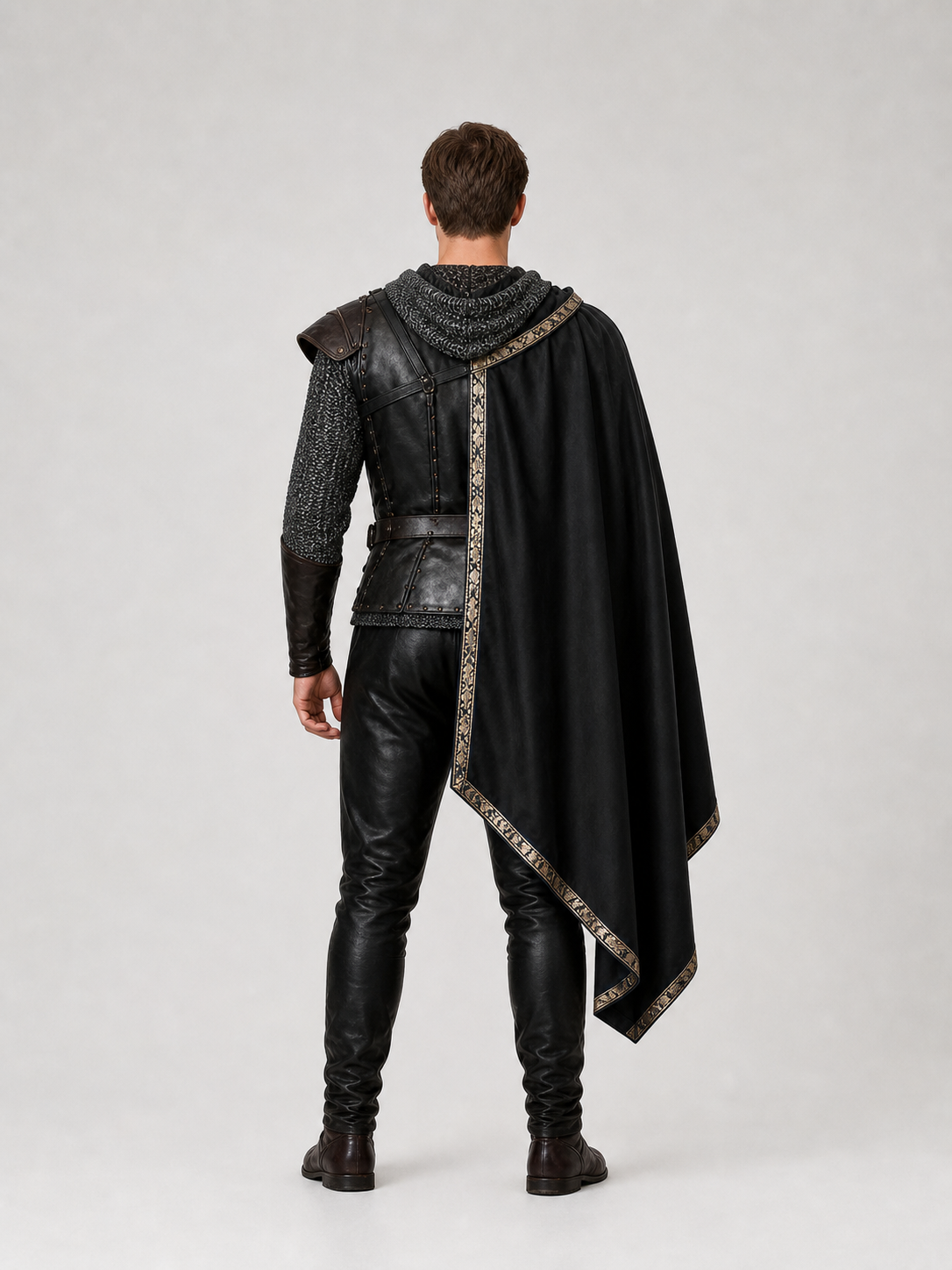 Back view of the black knight costume showing the hooded chainmail shirt and long cape with gold-tone trim