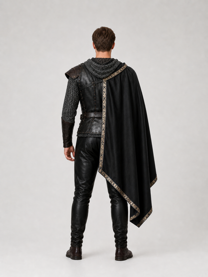 Back view of the black knight costume showing the hooded chainmail shirt and long cape with gold-tone trim