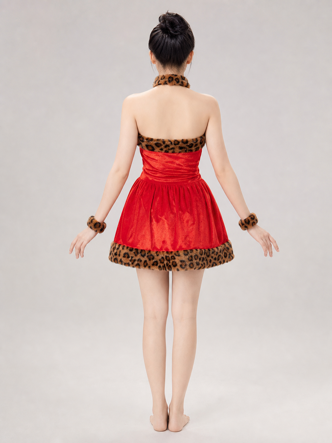 Cosplay costume dress with leopard-print trim
