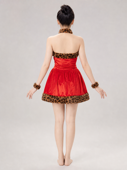 Cosplay costume dress with leopard-print trim