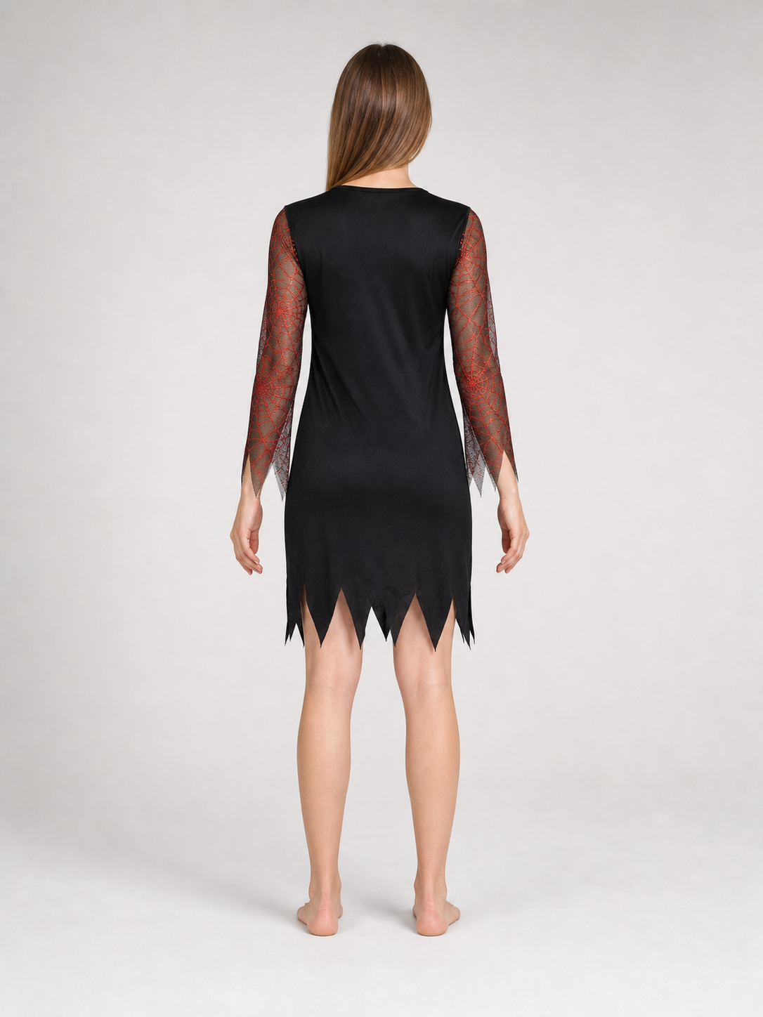 Halloween costume set for a standout look and themed events. The set includes a pointed wide-brim hat and a one-piece long-sleeve dress. The style is mostly black, while the semi-sheer sleeves made from lightweight mesh have a dark red-and-