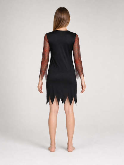 Halloween costume set for a standout look and themed events. The set includes a pointed wide-brim hat and a one-piece long-sleeve dress. The style is mostly black, while the semi-sheer sleeves made from lightweight mesh have a dark red-and-