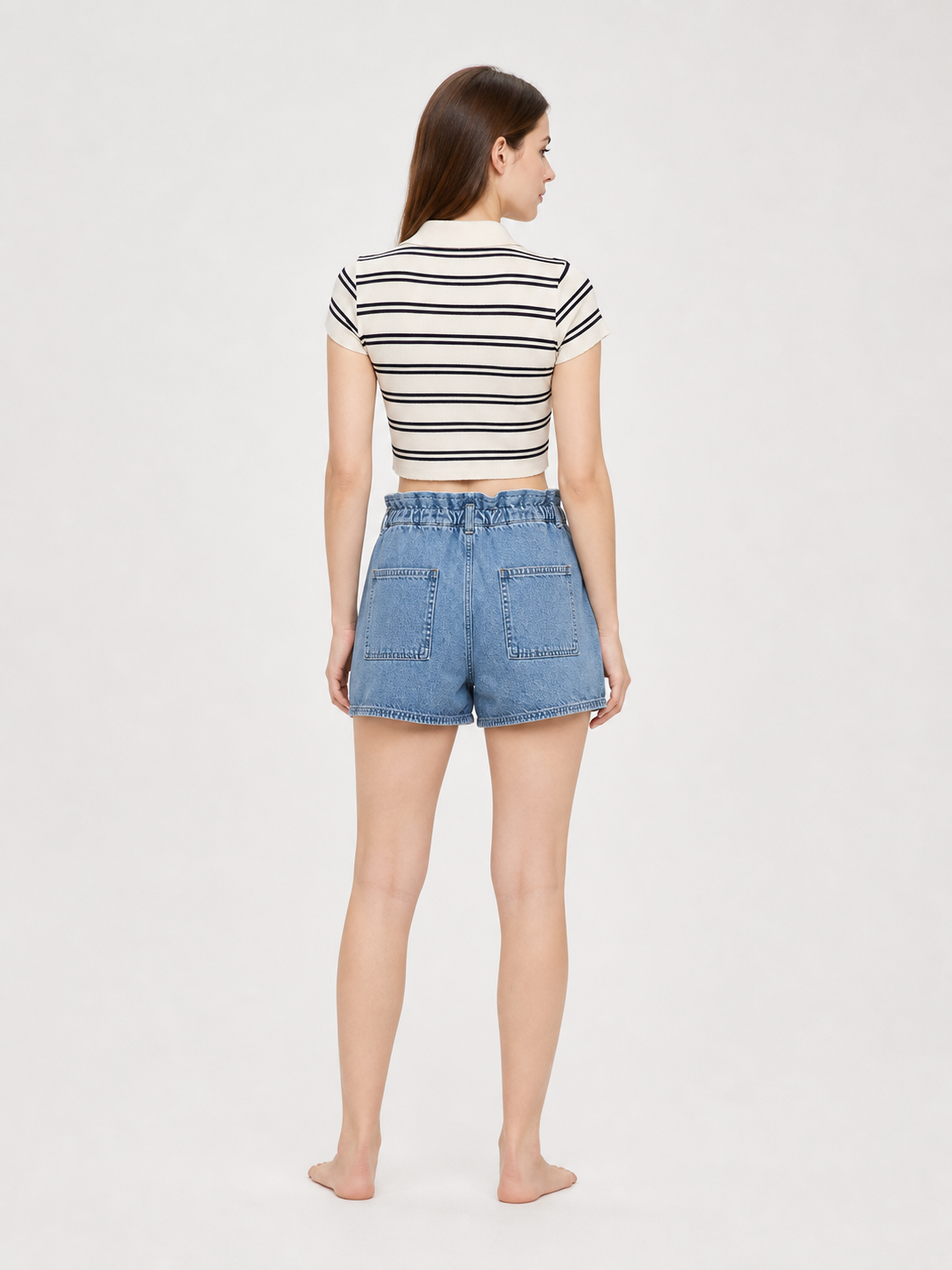 Light Blue Relaxed-Fit Denim Shorts with an Elastic Waistband and Drawstring back view