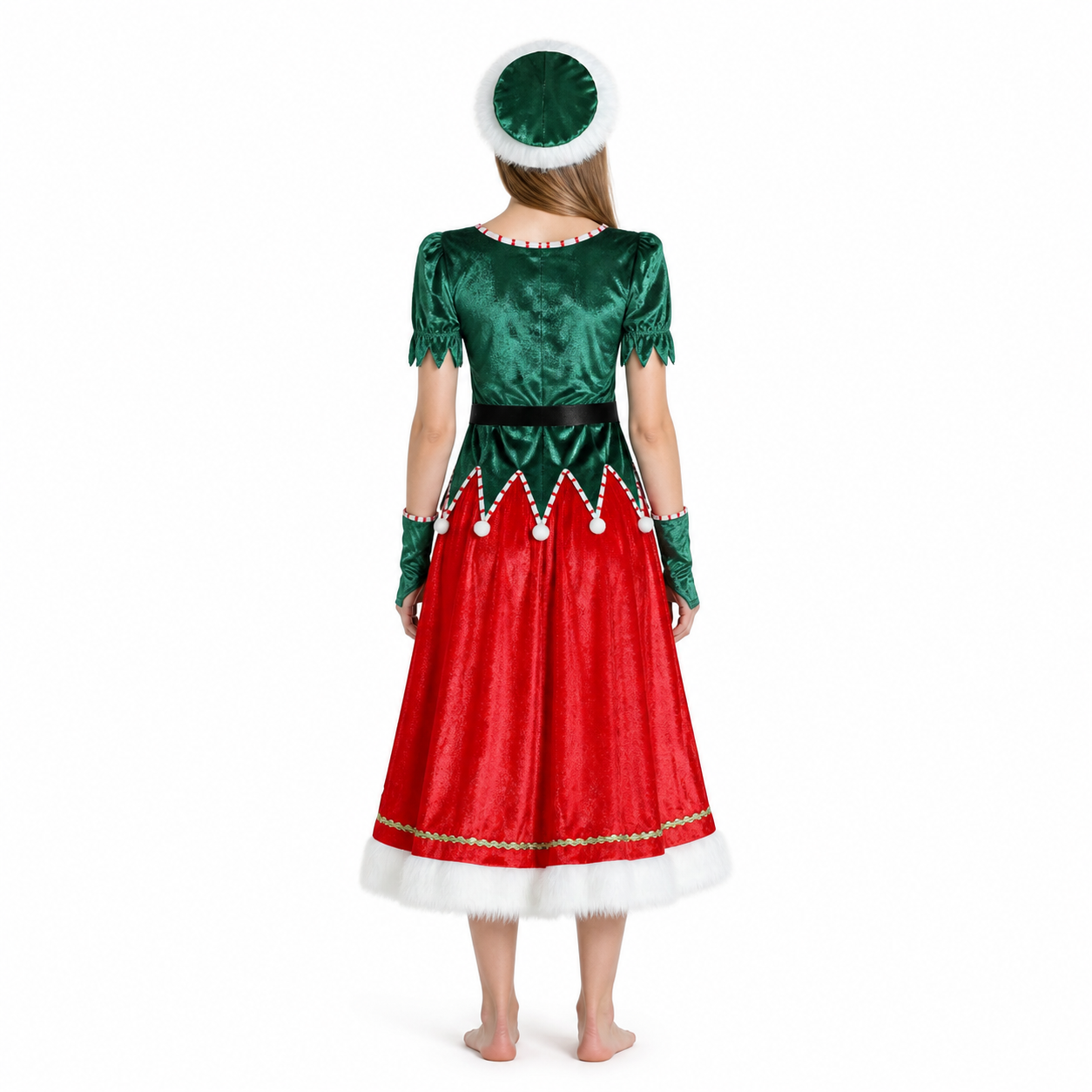 Red and Green Christmas Costume with Dress and Hat back view