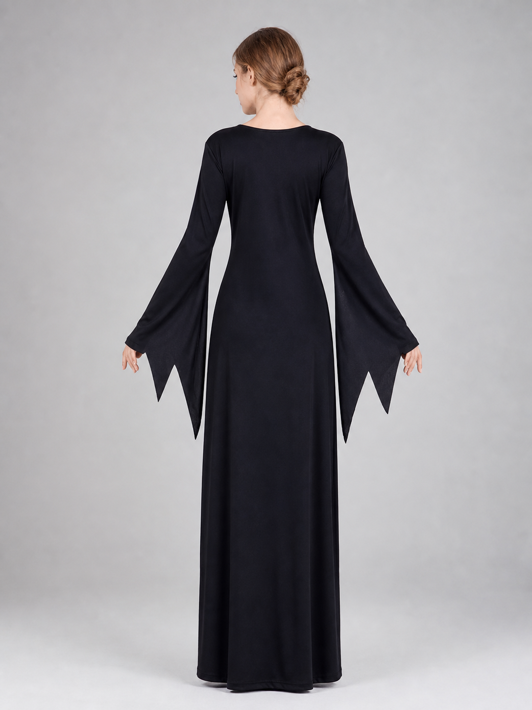 Cosplay costume designed as a long black and purple wizard-themed dress. The set includes a dress, a pointed wide-brimmed hat, and a collar. The design features long sleeves with flared cuffs, a fitted upper section, and a lace-up front. Th