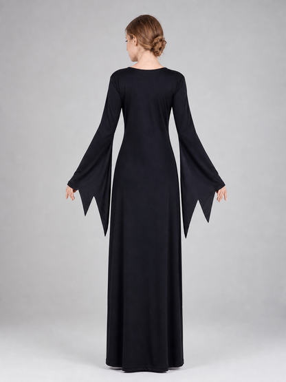 Cosplay costume designed as a long black and purple wizard-themed dress. The set includes a dress, a pointed wide-brimmed hat, and a collar. The design features long sleeves with flared cuffs, a fitted upper section, and a lace-up front. Th