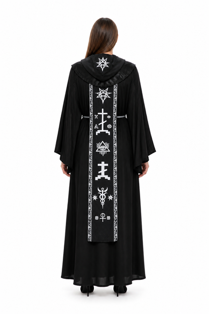 Hooded wizard's robe with white symbols, Halloween, unisex back view