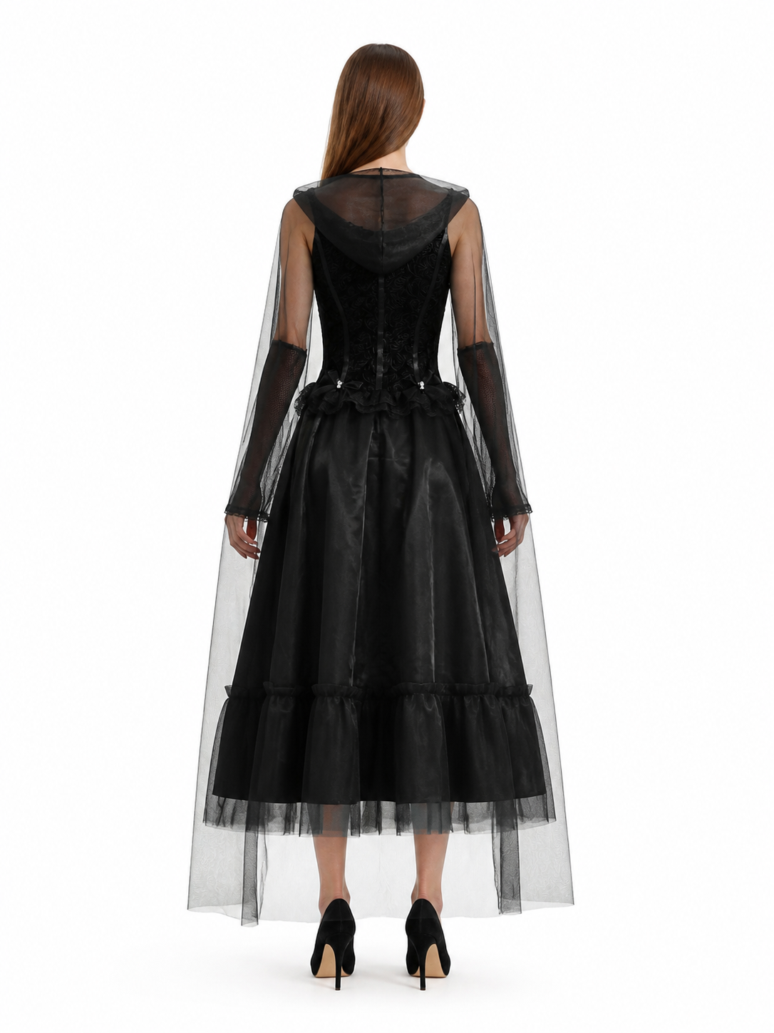 Black Gothic-Style Dress and Hooded Cape back view