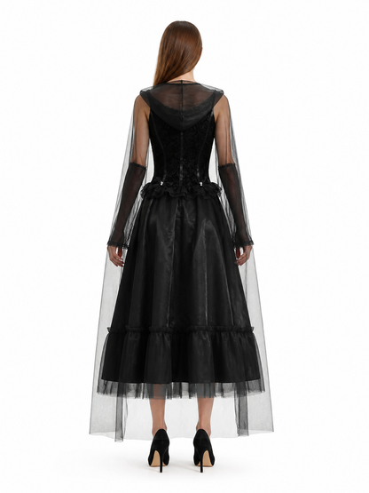 Black Gothic-Style Dress and Hooded Cape back view