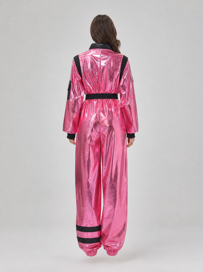 Pink Spacesuit Jumpsuit with Hood and Pockets back view