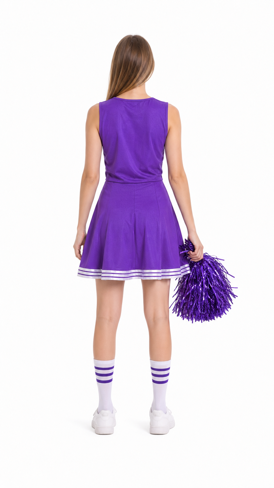 Cheerleader Costume with Pom-Poms and Striped Knee-High Socks back view