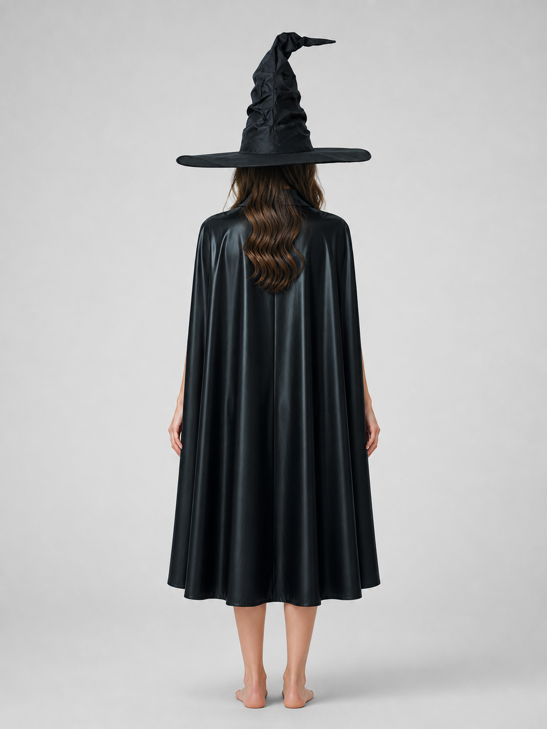 Black Halloween Witch Hat Wide Brim Pointed Wizard Hat Ruched Asymmetrical Brim back view 2