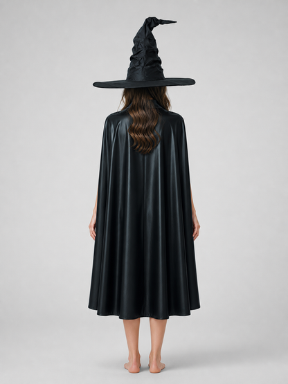 Black Halloween Witch Hat Wide Brim Pointed Wizard Hat Ruched Asymmetrical Brim back view 2