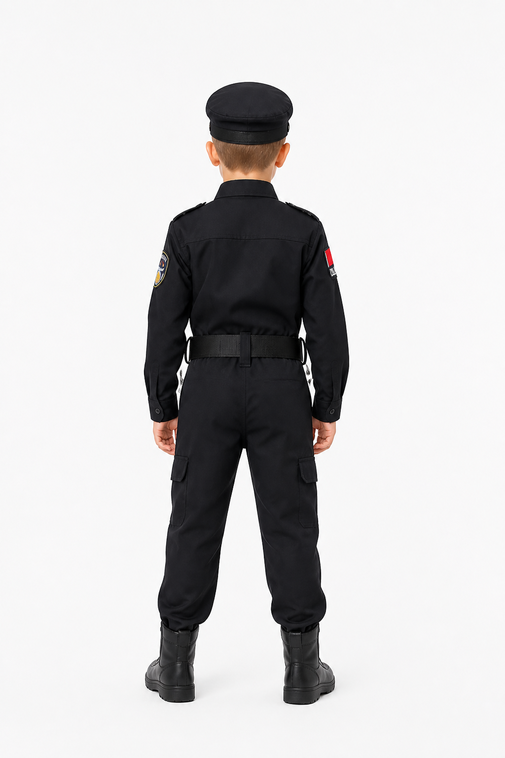 Black Children's Police Officer Costume with Cap and Belt back view