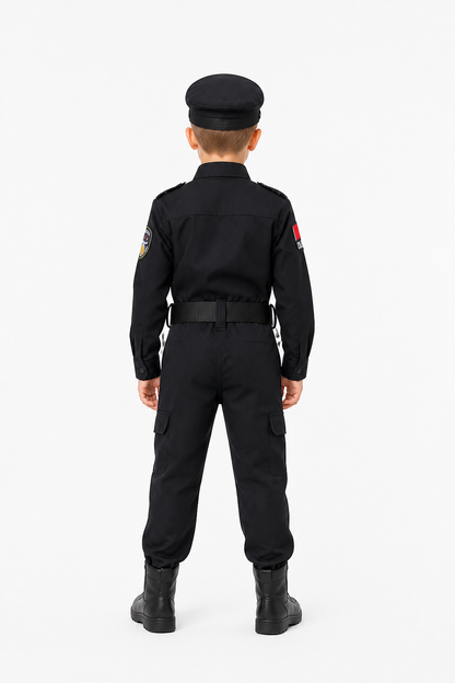 Black Children's Police Officer Costume with Cap and Belt back view