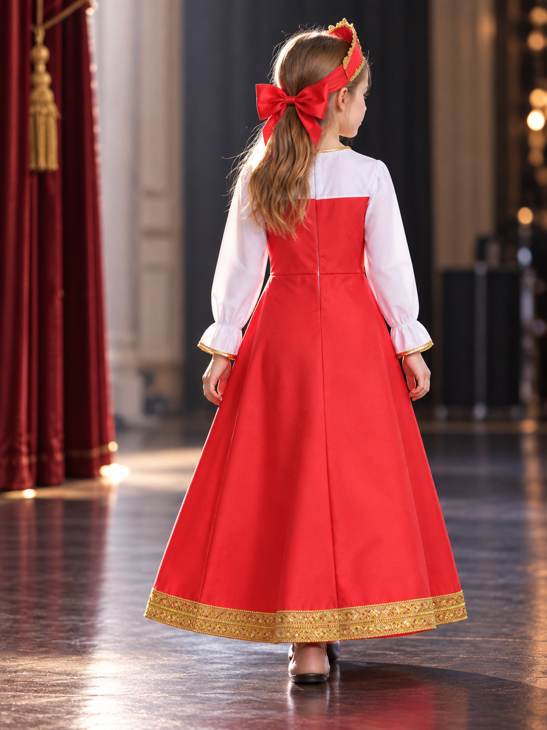 gold children_red_ethnic_stage_dress_with_head_accessory product image 4