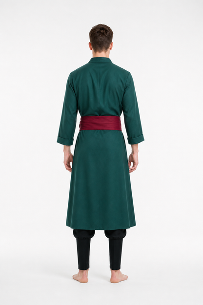 Roronoa Zoro Cosplay Costume with Long Coat and Belts back view