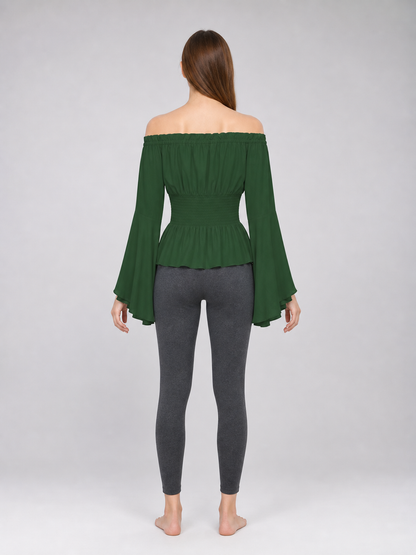 Dark Green Off-Shoulder Peplum Blouse
