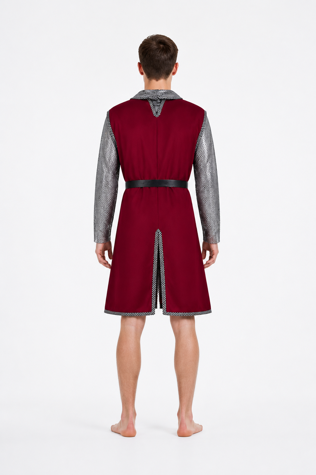 Burgundy Knight Costume with Chainmail and Belt back view