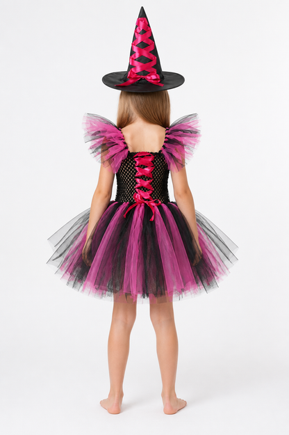 Children’s Witch Costume with Dress and Hat, Pink and Black back view