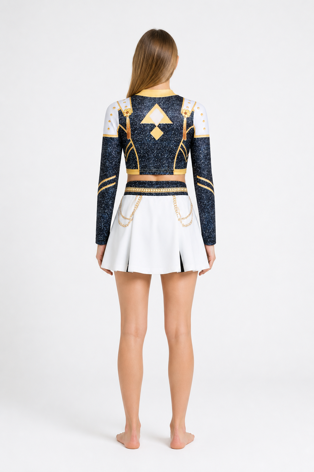 Children's two-piece outfit with a skirt and long-sleeve top back view