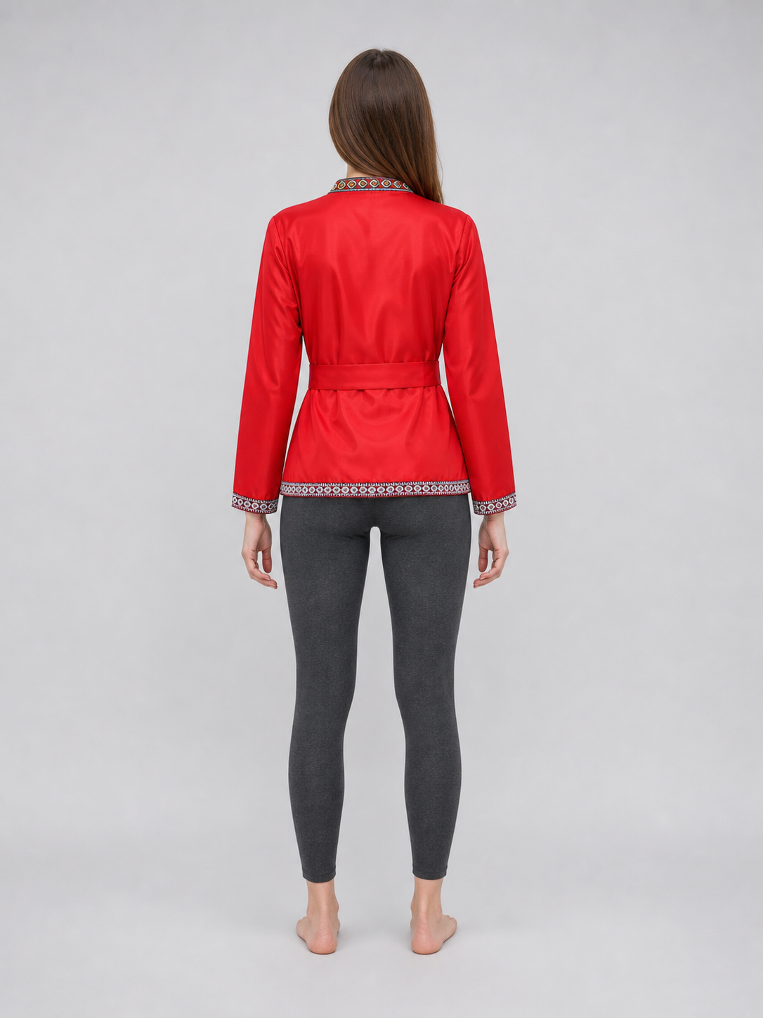 Red Tunic with Ornament, Stand-Up Collar, and Belt