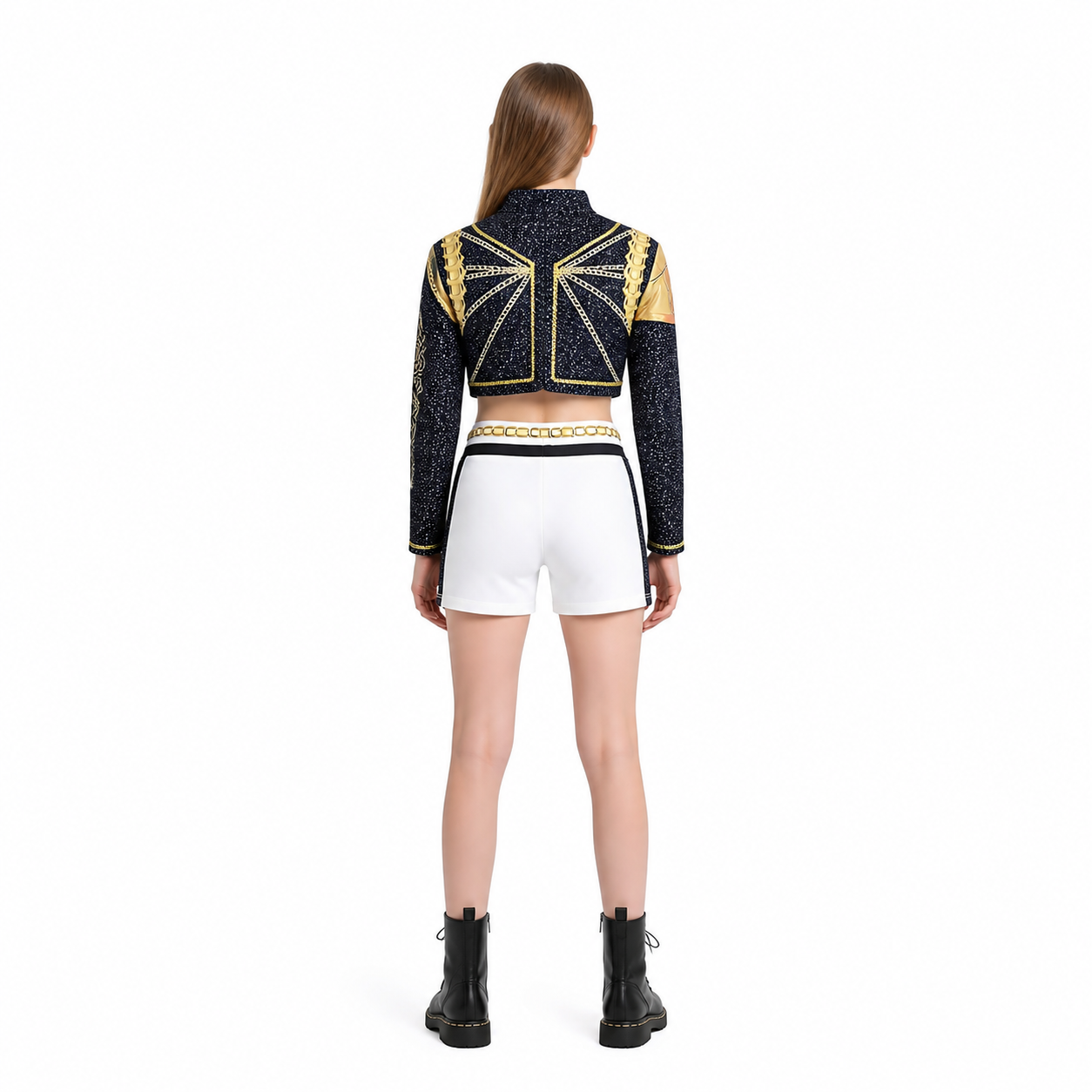 Black, White, and Gold Cosplay Costume: Jacket, Top, and Shorts back view
