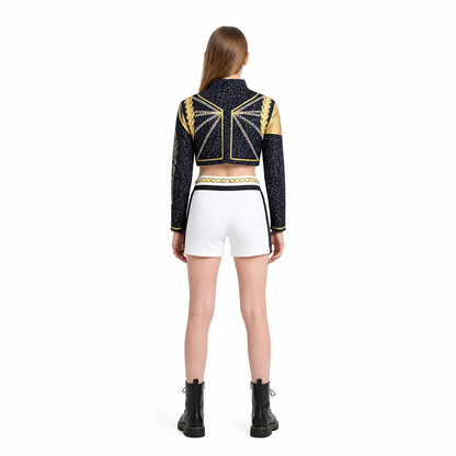 Black, White, and Gold Cosplay Costume: Jacket, Top, and Shorts back view