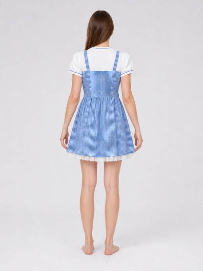 Blue and White Plaid Dress Set with Accessories