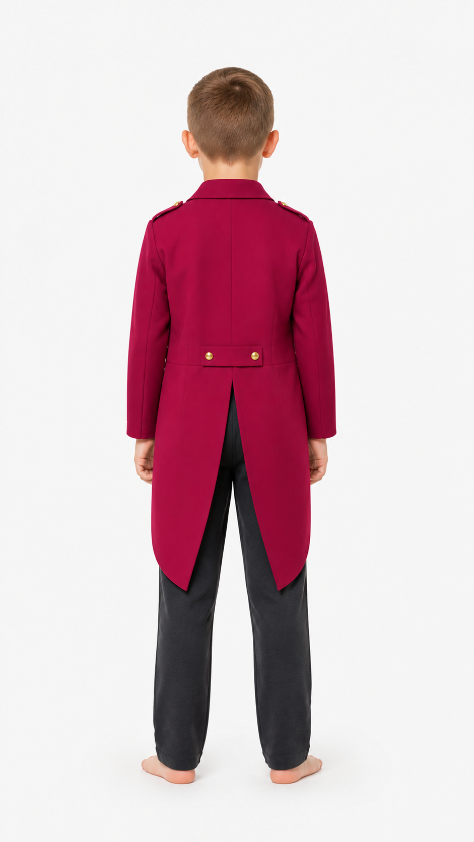 Men’s Burgundy Tailcoat with Lapels and Gold Buttons back view