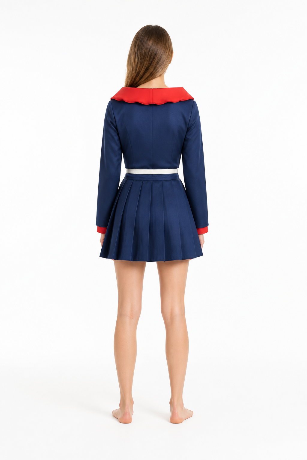 Anime cosplay costume with a pleated skirt, blue and red back view