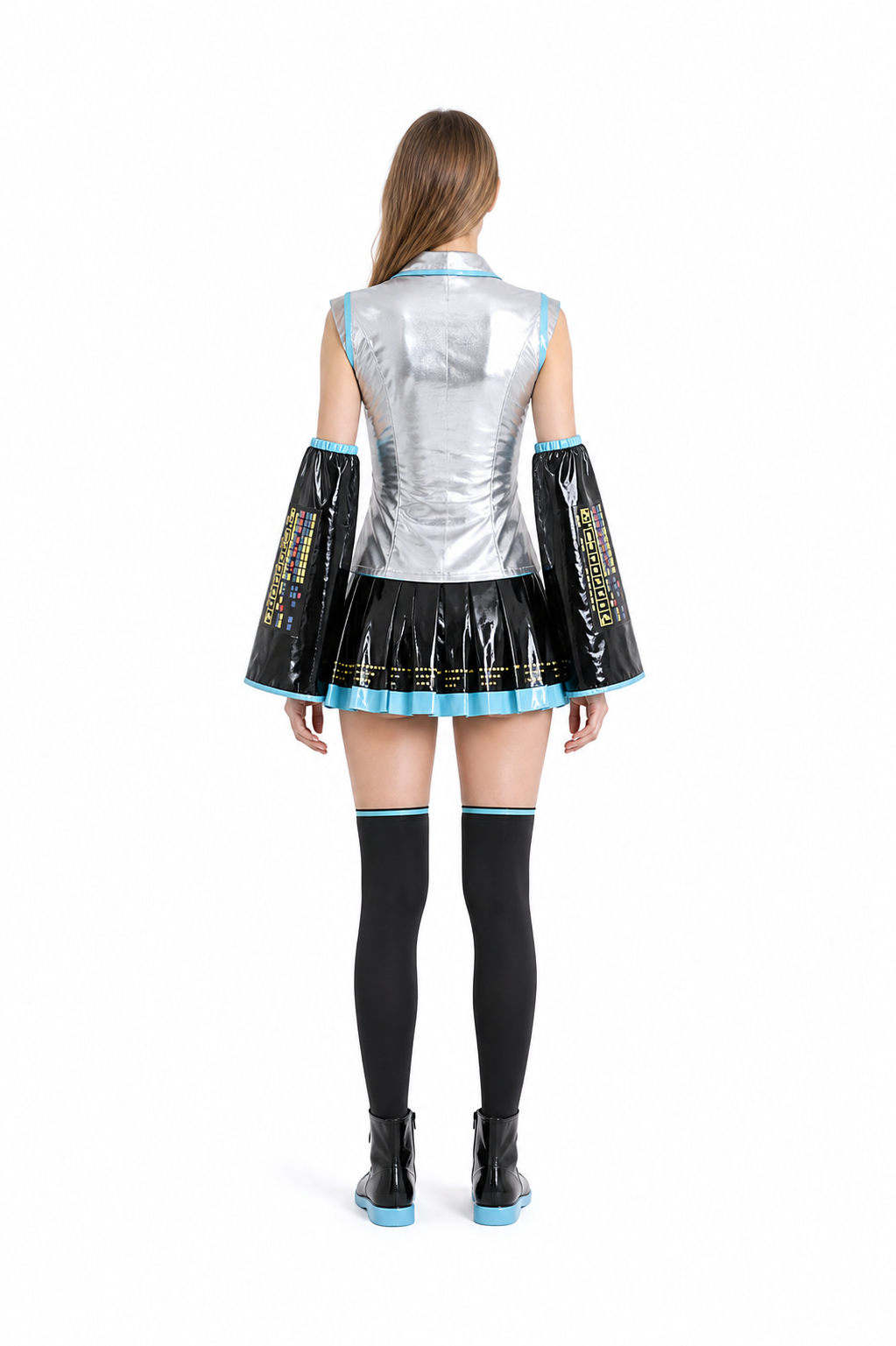Miku Anime Costume, Silver and Black with Skirt and Leg Warmers back view