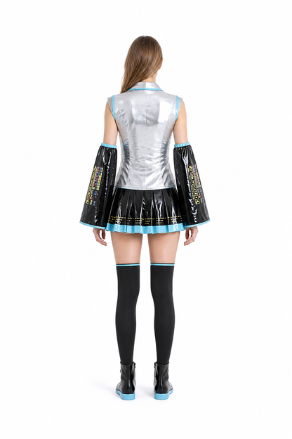 Miku Anime Costume, Silver and Black with Skirt and Leg Warmers back view