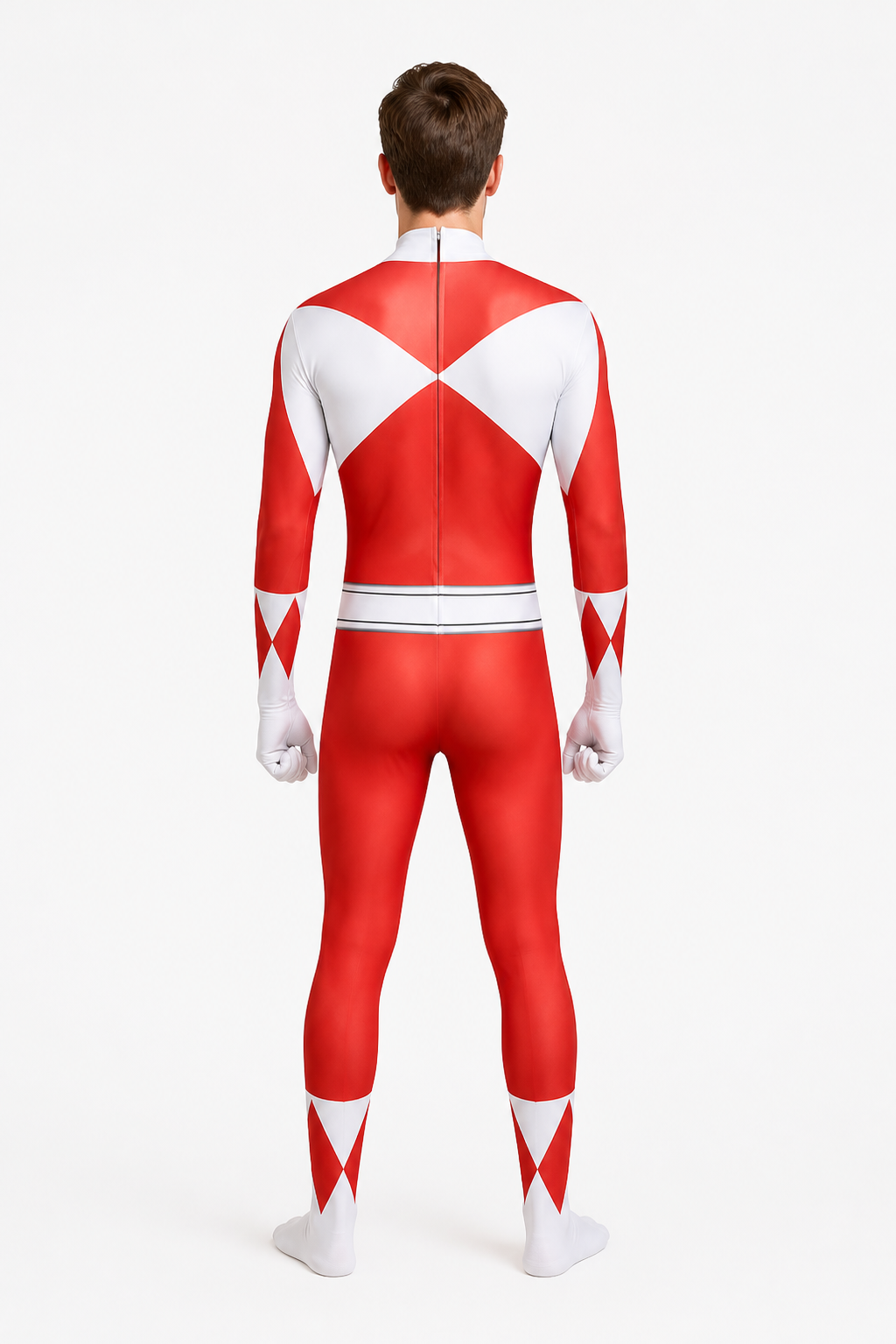 Red and White Superhero Jumpsuit with Mask back view