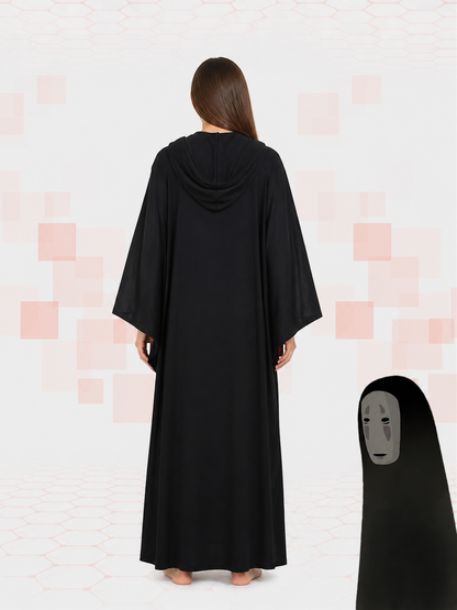 No-Face Costume: Black Hooded Robe and White Mask back view