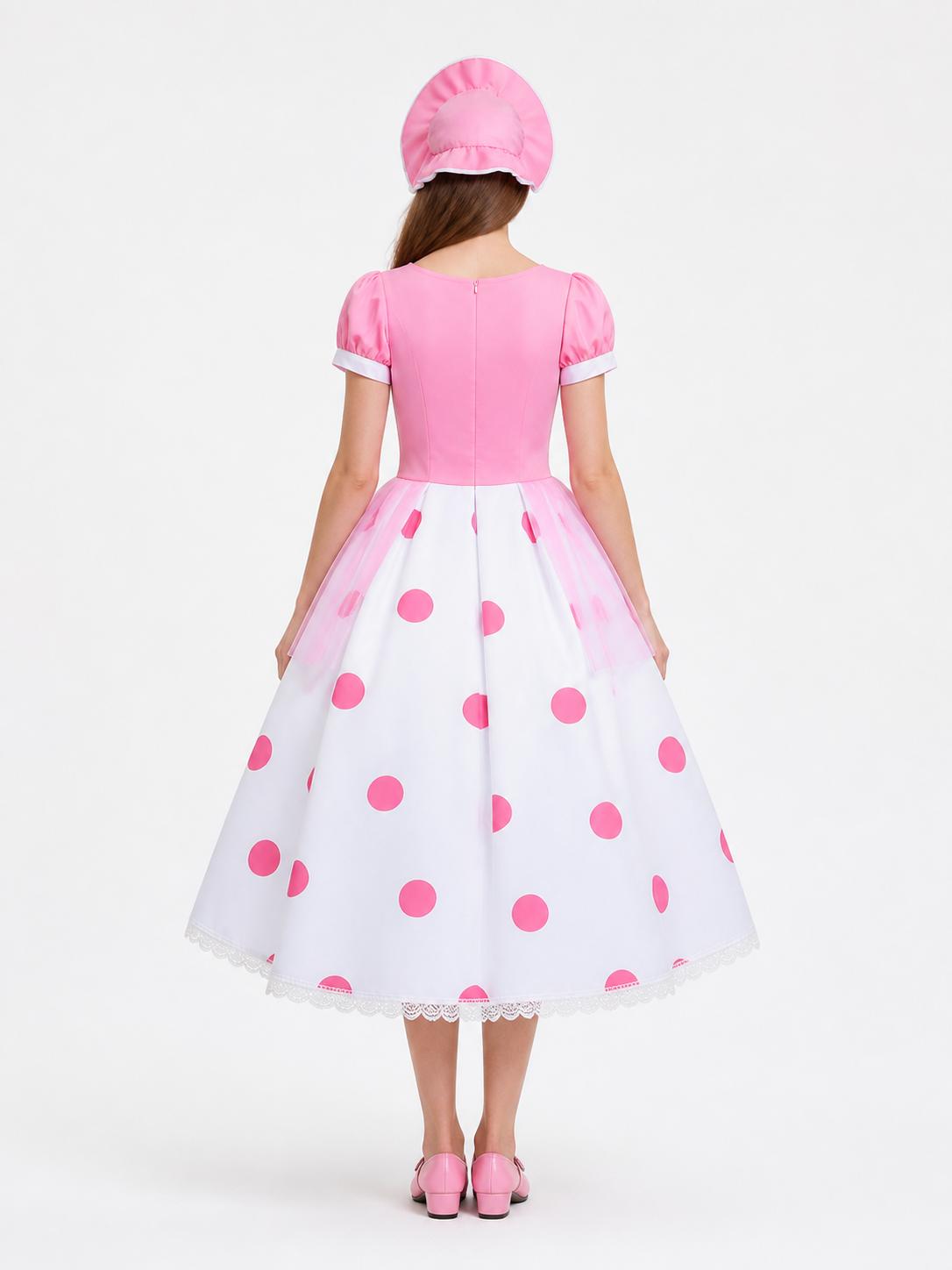 Bo Peep Cosplay Dress, White and Light Blue Polka Dot, with Hat back view