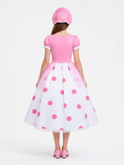 Bo Peep Cosplay Dress, White and Light Blue Polka Dot, with Hat back view