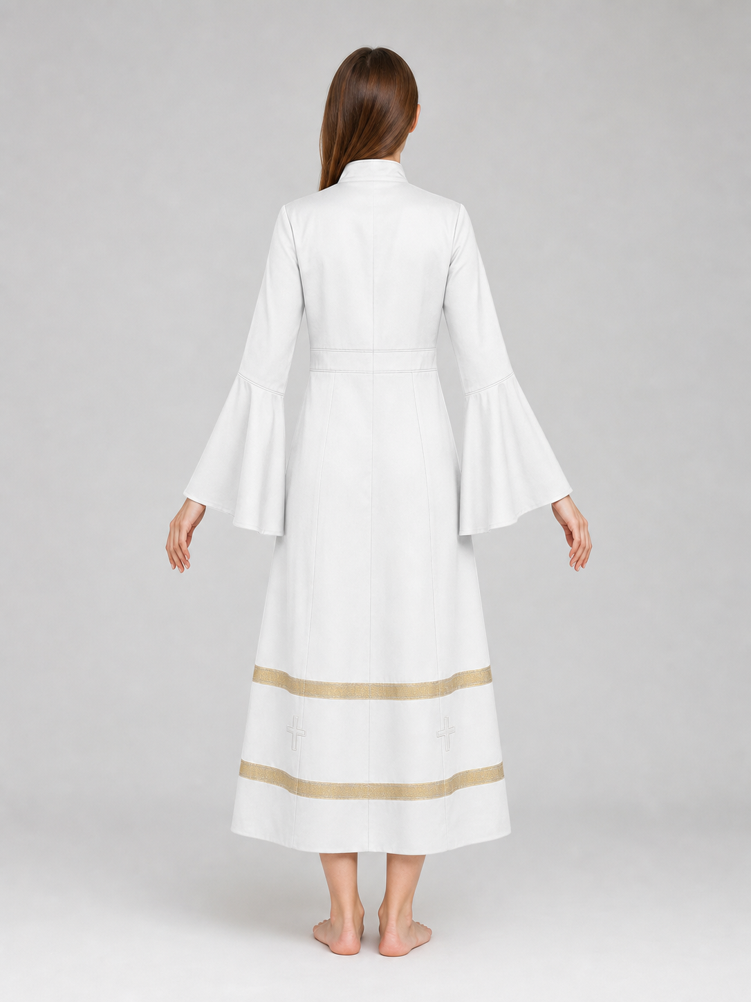 Long clergy robe with collar, buttons, and trim back view 2